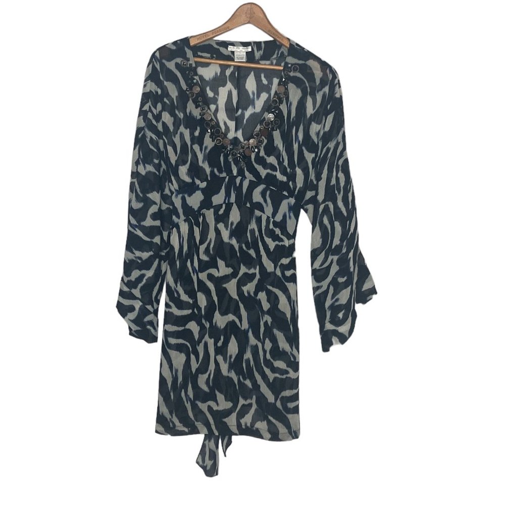 Vintage 00s Y2K Alberto Makali L Black Zebra Print Chiffon Embellished Tunic Top
